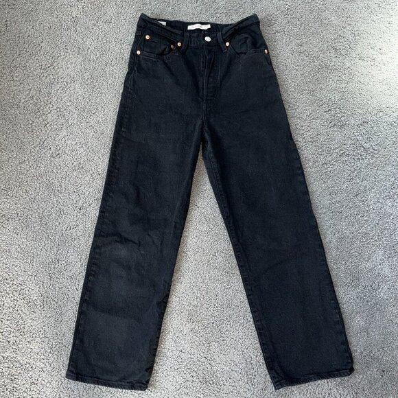 LEVI'S BIG E RIBCAGE STRAIGHT MIDNIGHT BLACK WASH BUTTON FLY JEANS - W27 - Picture 1 of 13